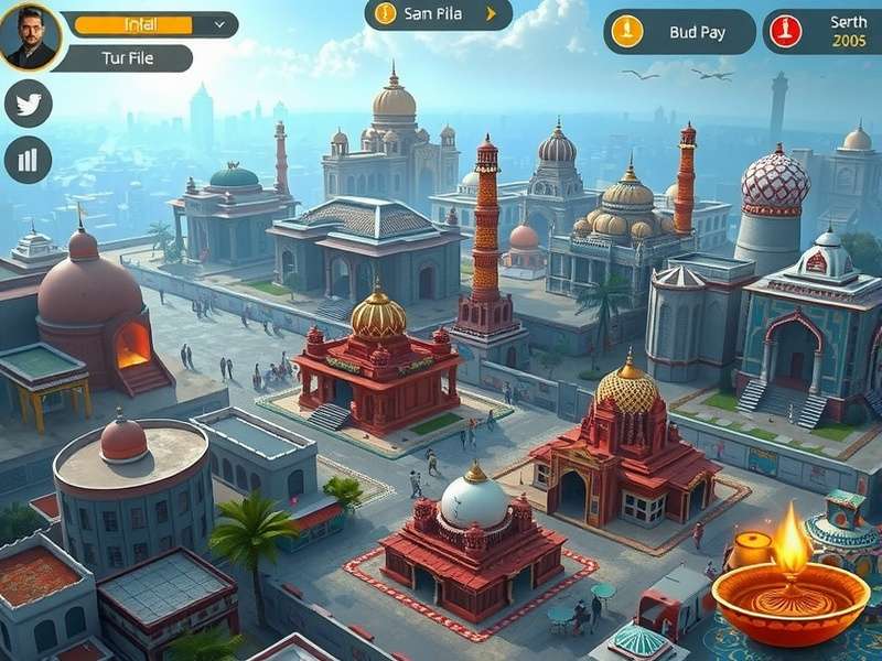 Urban Expanse Gameplay showing a bustling Indian city with markets, temples, and modern buildings